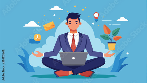 Genius businessman meditating while working on floating laptop, showcasing expertise and smart thinking for problem-solving