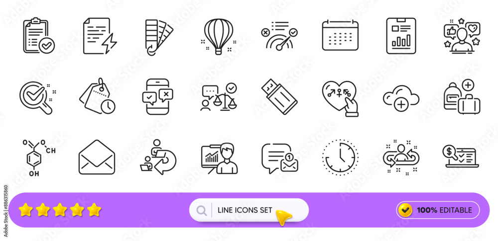 Time, New message and Influence line icons for web app. Pack of Presentation, Report document, Correct answer pictogram icons. Calendar, Phone survey, Chemistry lab signs. Search bar. Vector Time, New message and Influence line icons for web app. Pack of Presentation, Report document, Correct answer pictogram icons. Calendar, Phone survey, Chemistry lab signs. Search bar. Vector