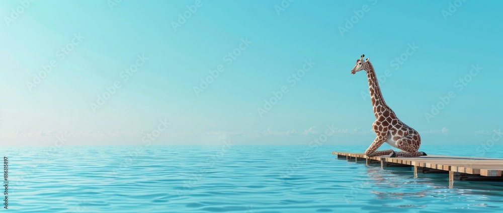 Fototapeta premium Giraffe on a Wooden Pier Overlooking the Sea