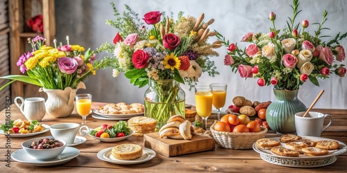Festive table decor with flowers and rustic brunch spread, festive, table, decor, flowers, brunch, rustic, style