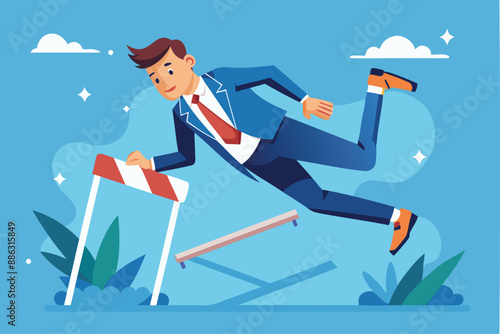 Overcoming Business Failure: Frustrated Businessman Failing to Jump Hurdle and Falling to the Ground