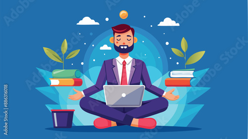 Genius businessman meditating while working on floating laptop, showcasing expertise and smart thinking for problem-solving
