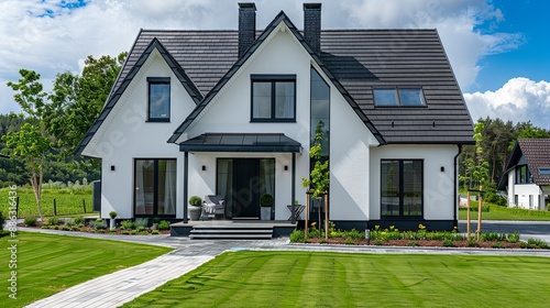 A white luxurious house with a green lawn in front. photo