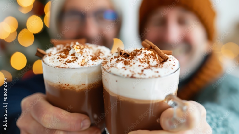 Two people toast with hot chocolate festive drinks, highlighted by an inviting holiday ambiance, emphasizing the joy, warmth, and connection that the festive season brings. Two people toast with hot chocolate festive drinks, highlighted by an inviting holiday ambiance, emphasizing the joy, warmth, and connection that the festive season brings.