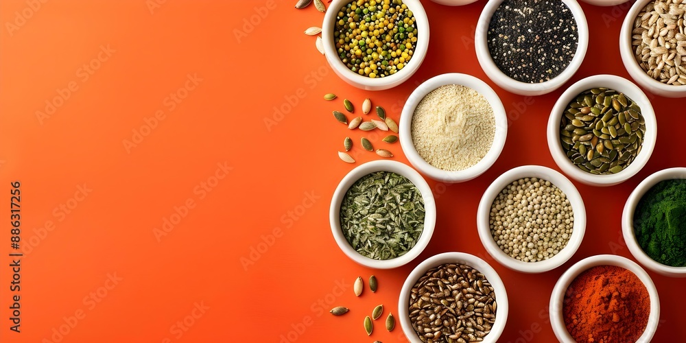 Hemp Seed Products Displayed in White Bowls on Orange Background Superfood Concept. Concept Superfood Styling, Hemp Seed Display, Orange Background, White Bowls, Health and Wellness Hemp Seed Products Displayed in White Bowls on Orange Background Superfood Concept. Concept Superfood Styling, Hemp Seed Display, Orange Background, White Bowls, Health and Wellness