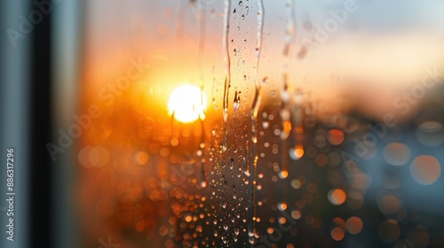 This image captures raindrops on a window pane with a beautiful sunset in the background, highlighting the contrast between the close-up rain droplets and the distant glowing horizon. photo