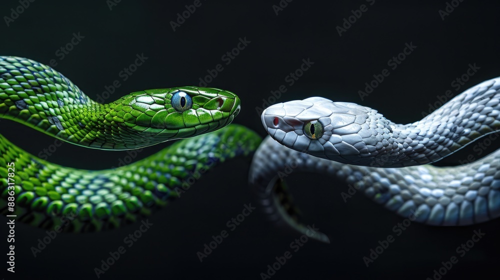 Obraz premium Green and White Snakes Facing Each Other
