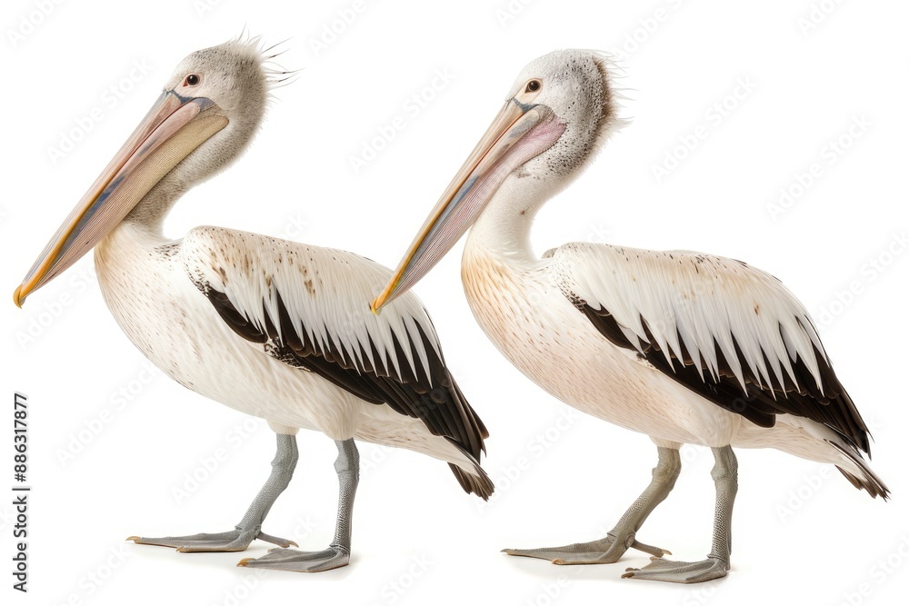 Two White Pelicans Standing Side-by-Side Against a White Background Two White Pelicans Standing Side-by-Side Against a White Background