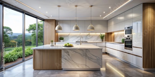 Modern minimalist kitchen with spacious marble central island, integrated lighting, and large window for natural light