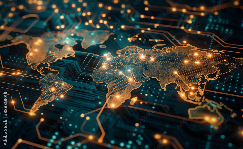 A digital map with glowing connection points representing a global network. A digital map with glowing connection points representing a global network.