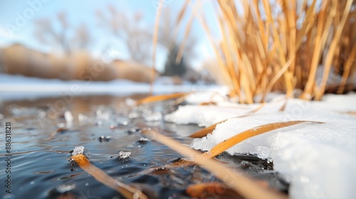 This image captures the tranquil beauty of an icy stream meandering through a snowy landscape, with dry golden grasses along the banks, under a clear blue winter sky. photo