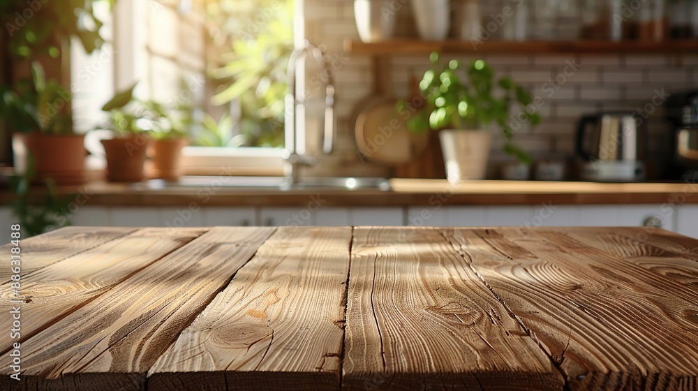 Wooden table. Empty wooden table on blurred kitchen background. Wooden table. Empty wooden table on blurred kitchen background.