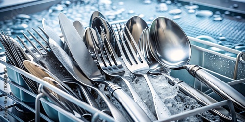 Cutlery being washed with water and detergent , cutlery, utensils, washing, water, detergent, clean, hygiene
