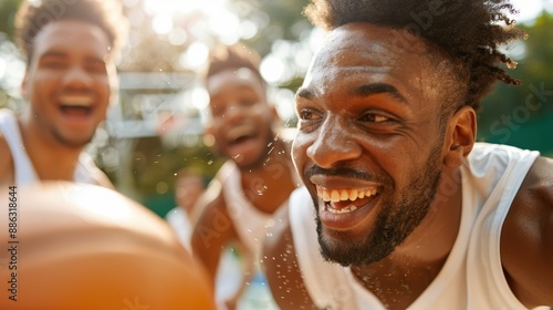 A group of joyful basketball players taking a close-up selfie  capturing their enthusiasm and energy after a game  with a basketball visible in the foreground.