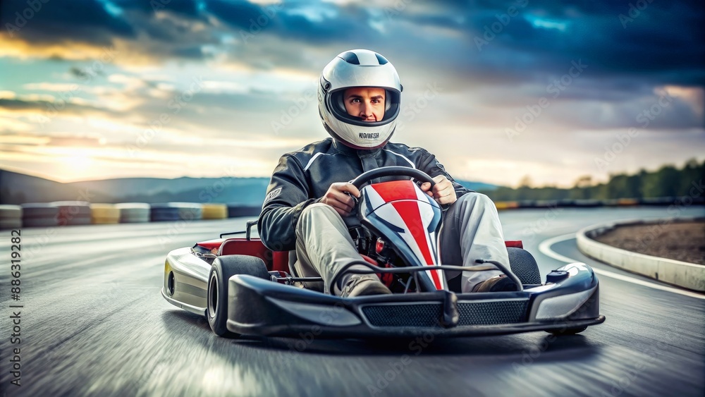 Fototapeta premium Man racing on karting track at full speed wearing helmet and driver suit, karting, race, speed, adrenaline, competition, sport