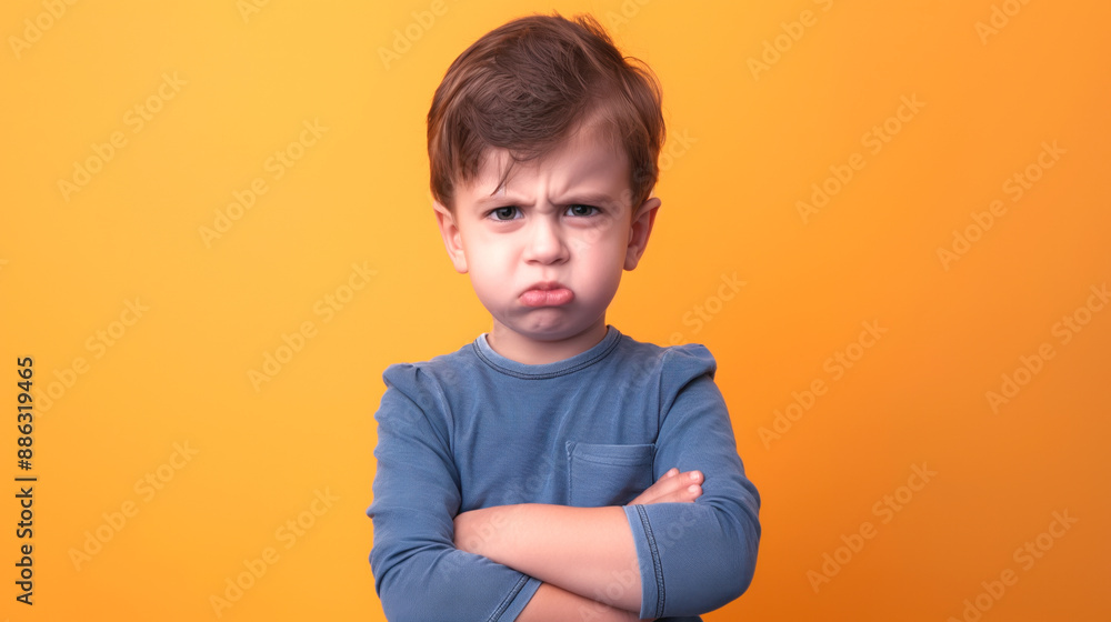 Young child with upset expression and crossed arms against orange background. Young child with upset expression and crossed arms against orange background.