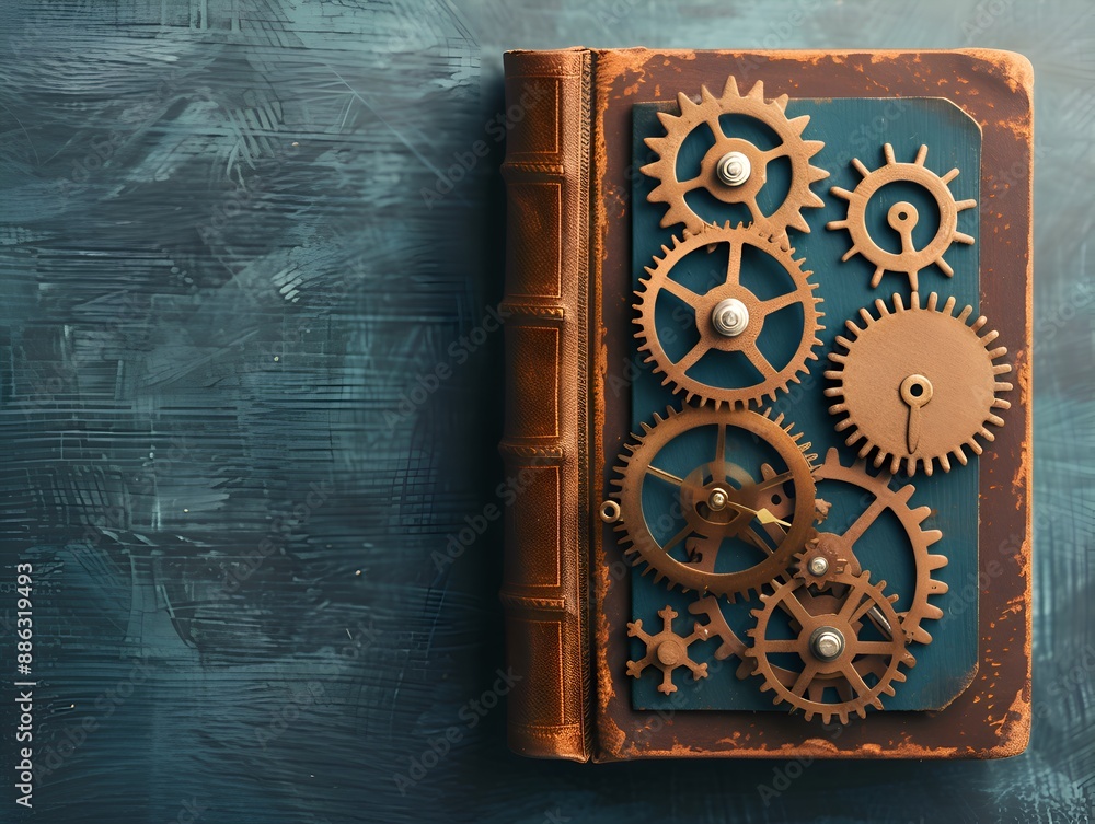 Large wooden book with a mechanical device on its cover, which is made up of various gears and levers. Large wooden book with a mechanical device on its cover, which is made up of various gears and levers.