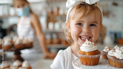 Happy young girl, with hair bow, delightedly presenting a cupcake with creamy frosting, while someone in the background caters to more cupcakes, emphasizing joy and baking fun.