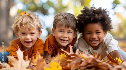 Fototapeta Naklejka Na Ścianę i Meble -  Three kids lay and play in the autumn leaves, dressed in warm clothes, representing joyful moments of togetherness and playfulness during the fall season.