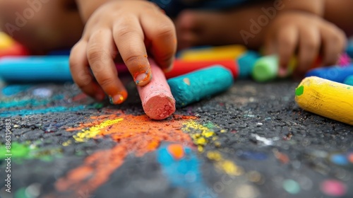 A child intensely focused on drawing with vibrant chalk on the outdoor pavement, expressing creativity and enjoying the tactile sensation of chalking on the concrete surface.