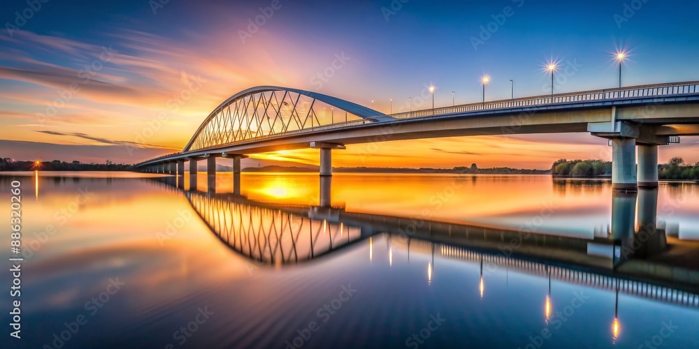 Naklejka premium Conic bridge at dusk over calm water , bridge, conic, dusk, architecture, water, reflection, tranquil, peaceful, evening
