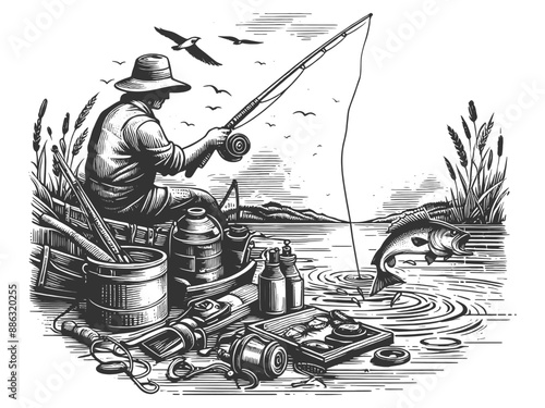 man fishing by the lake, surrounded by fishing gear and nature in a vintage style sketch engraving generative ai fictional character vector illustration. Scratch board imitation. Black and white image