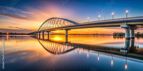 Conic bridge at dusk over calm water , bridge, conic, dusk, architecture, water, reflection, tranquil, peaceful, evening © sujanya