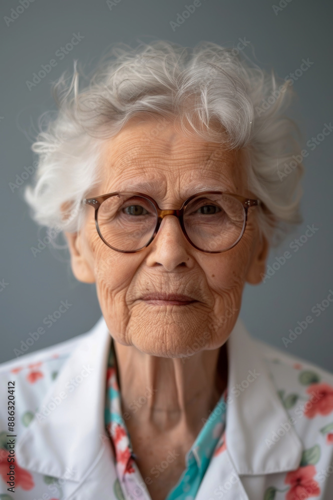 Vertical portrait of an elderly woman on a neutral gray background Vertical portrait of an elderly woman on a neutral gray background