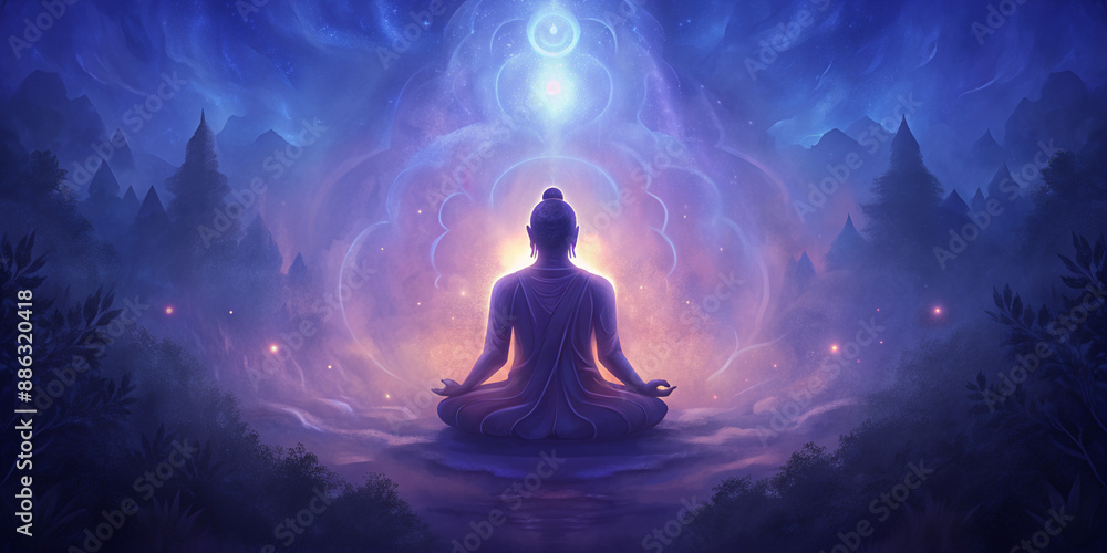 An ethereal scene depicting a person meditating on a mountain, surrounded by an aura of light and energy. The backdrop is a mystical night sky with stars and celestial elements An ethereal scene depicting a person meditating on a mountain, surrounded by an aura of light and energy. The backdrop is a mystical night sky with stars and celestial elements