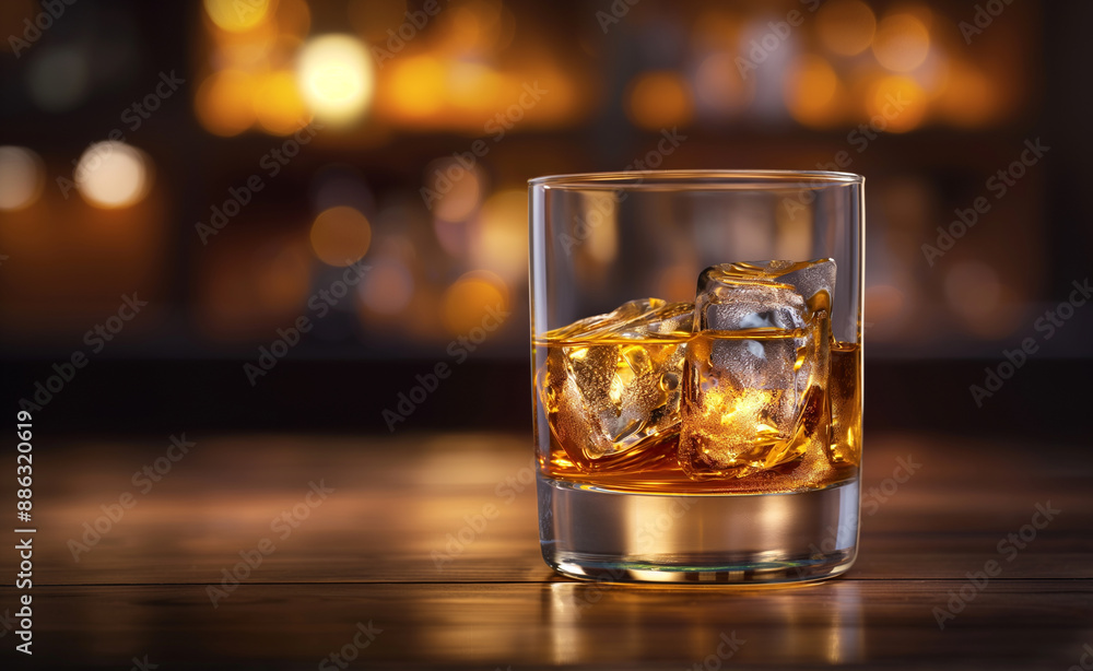 A glass of whiskey with ice cubes on a wooden bar counter, softly lit in a warm atmosphere. A glass of whiskey with ice cubes on a wooden bar counter, softly lit in a warm atmosphere.
