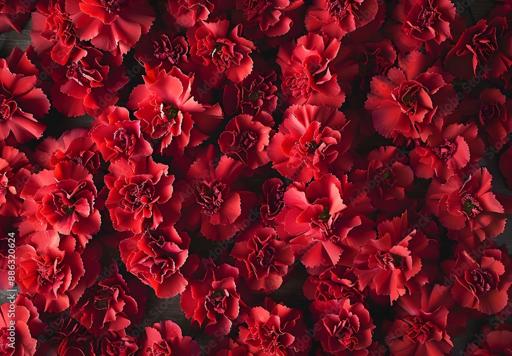 Fototapeta premium Red Carnations Flower Background Flat Lay