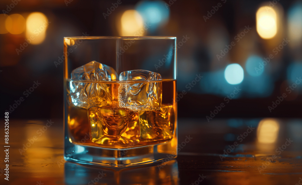 A glass of whiskey with ice cubes on a wooden bar counter, softly lit in a warm atmosphere. A glass of whiskey with ice cubes on a wooden bar counter, softly lit in a warm atmosphere.