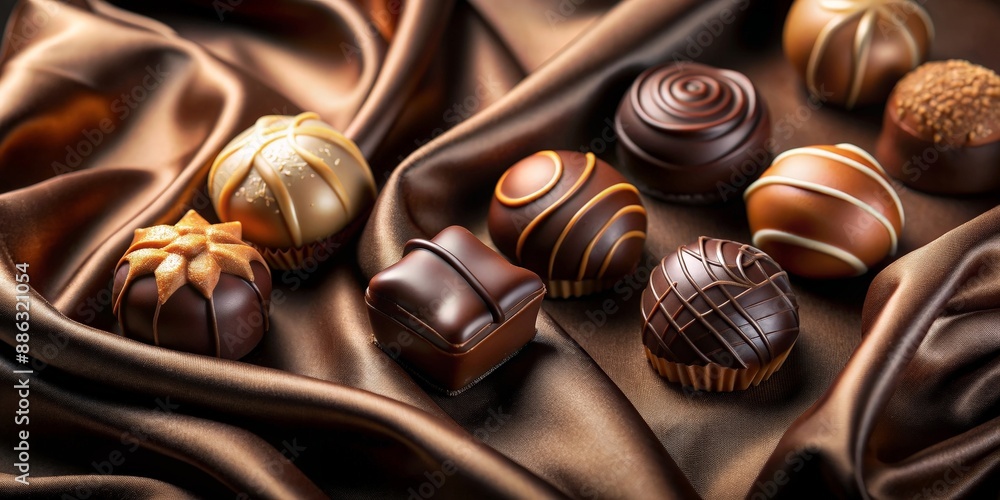 Assorted Belgian chocolates on dark satin fabric, a luxurious treat , luxury, Belgian, chocolate, gourmet Assorted Belgian chocolates on dark satin fabric, a luxurious treat , luxury, Belgian, chocolate, gourmet