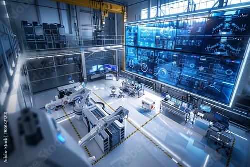 A high-angle view of a modern factory floor with robotic arms and automated machines operating under the watchful eye of a control center