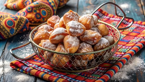 South African koeksisters in a wire basket on vibrant patterned cloth with powdered sugar photo