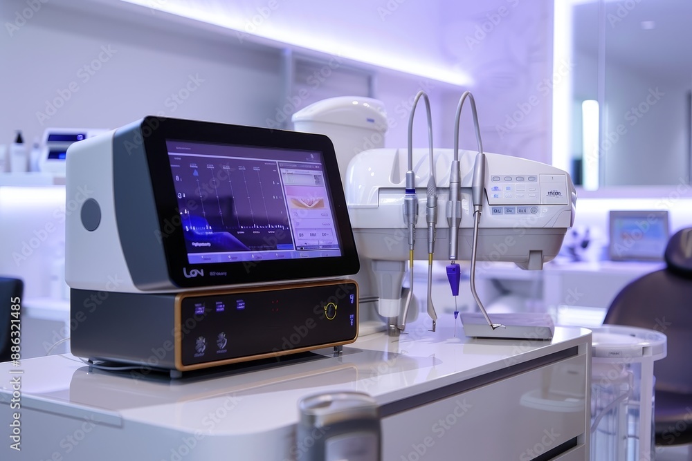 A cutting-edge medical machine sits on a counter, ready for use in advanced skincare procedures, Cutting-edge equipment for advanced skincare procedures A cutting-edge medical machine sits on a counter, ready for use in advanced skincare procedures, Cutting-edge equipment for advanced skincare procedures