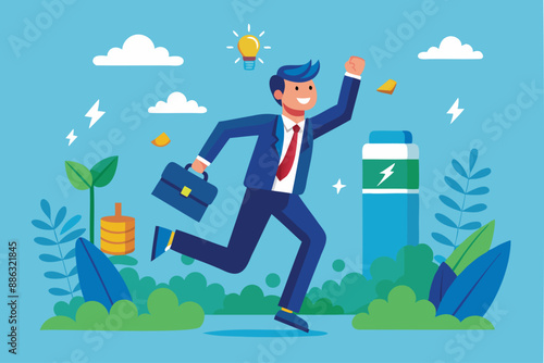 Recharged Businessman with Battery Ready to Succeed through Motivation