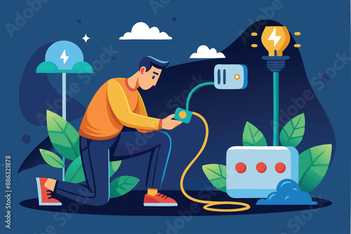 Saving Electricity: Man Unplugs Cord for Cost Reduction and Ecological Awareness