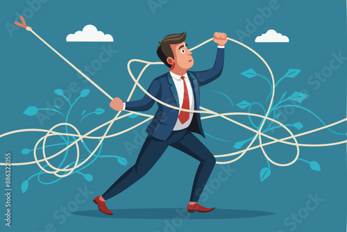 Tangled in Business Problems: Frustrated Businessman Struggling with Messy Rope Complications and Difficulties