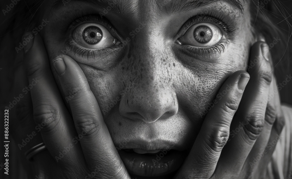 Close-up of a human face fearful eyes and hands covering her mouth in black and white. Close-up of a human face fearful eyes and hands covering her mouth in black and white.