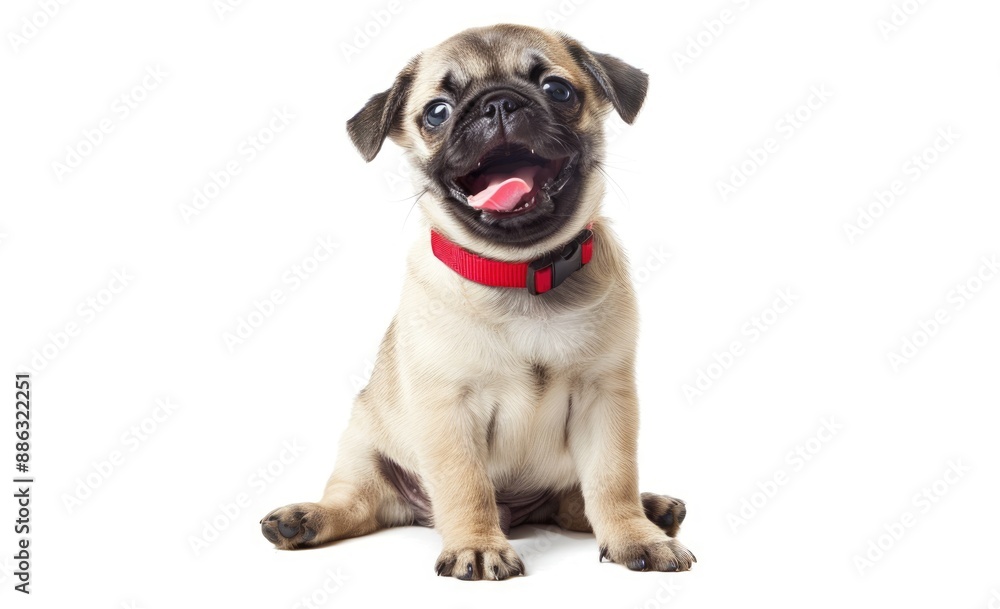 Obraz premium Playful Pug Puppy with Red Collar