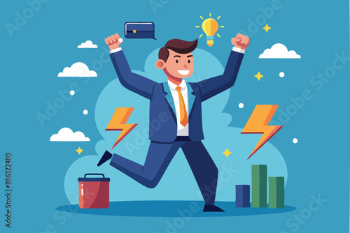 Recharged Businessman with Battery Ready to Succeed through Motivation