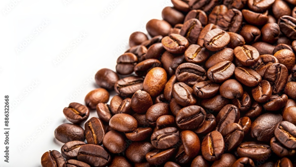 Close-up shot of freshly roasted coffee beans on a white background, coffee, beans, roasted, close-up, texture, aromatic, caffeine Close-up shot of freshly roasted coffee beans on a white background, coffee, beans, roasted, close-up, texture, aromatic, caffeine