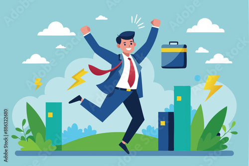 Recharged Businessman with Battery Ready to Succeed through Motivation