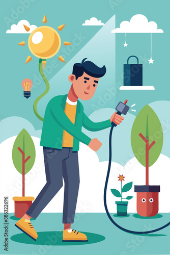Saving Electricity: Man Unplugs Cord for Cost Reduction and Ecological Awareness