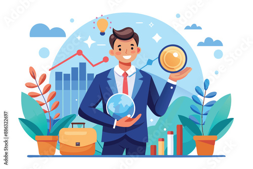 Visionary Businessman Predicting Investment Growth Potential, Analyzing Future Economic Trends and Forecasting Business Success