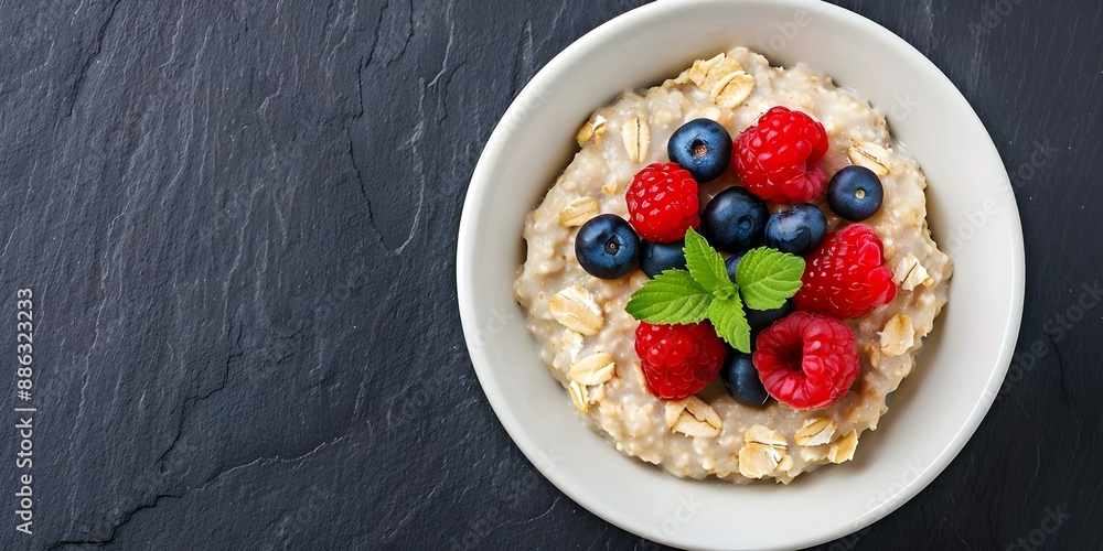 Oatmeal Bowl with Berries and Toppings on Black Background with Oatmeal Bowl with Berries and Toppings on Black Background with