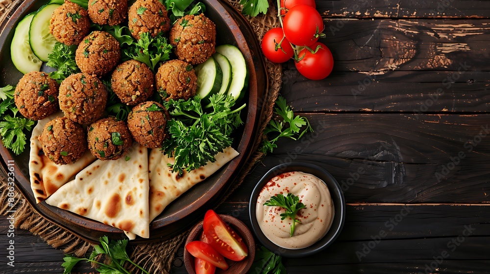 Falafel Plate with Pita Bread, Hummus, and Salad Falafel Plate with Pita Bread, Hummus, and Salad