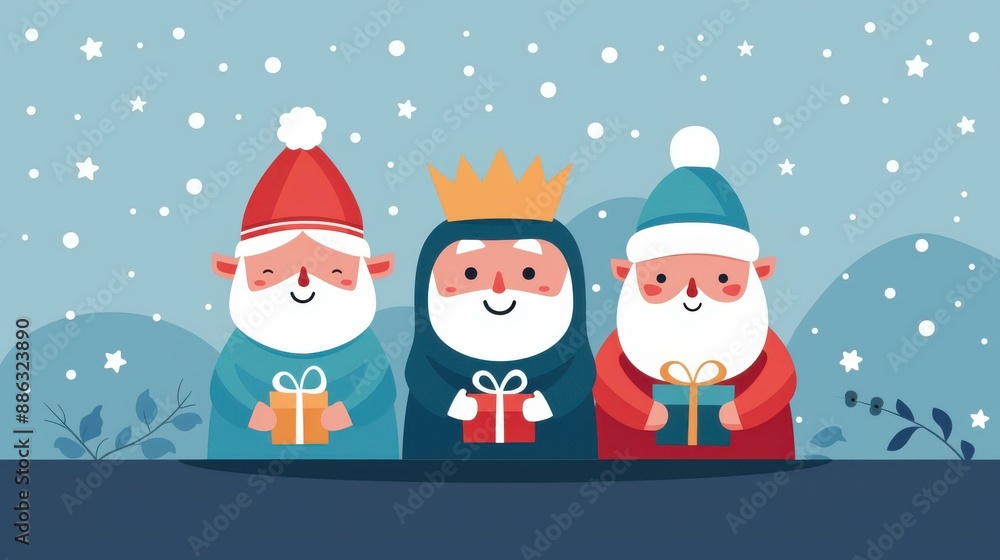 Festive nativity scene depicting the Adoration of the Magi Mary, Joseph, and Wise Men honoring baby Jesus with gifts. Festive nativity scene depicting the Adoration of the Magi Mary, Joseph, and Wise Men honoring baby Jesus with gifts.