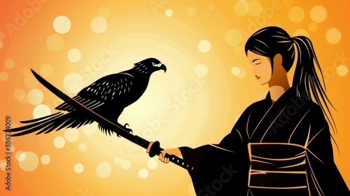 A captivating inkstyle illustration of a young Asian samurai girl with an eagle perched on her hand. photo